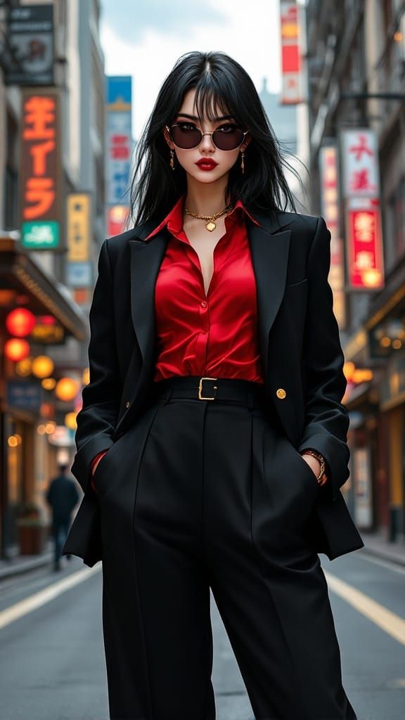 Retro Anime Woman in City Street Style