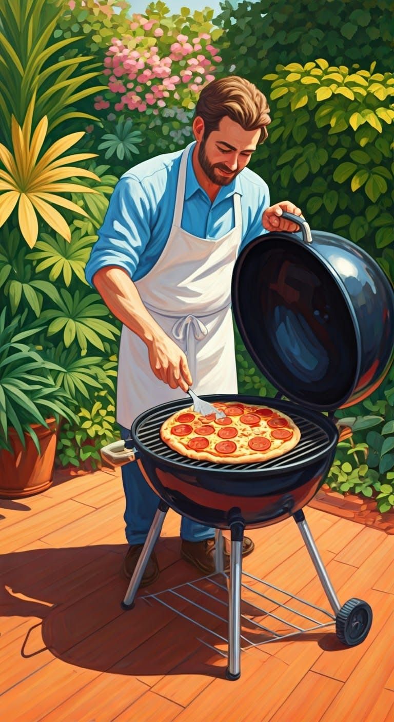 Backyard Chef Cooks Pizza in Post-Impressionistic Style