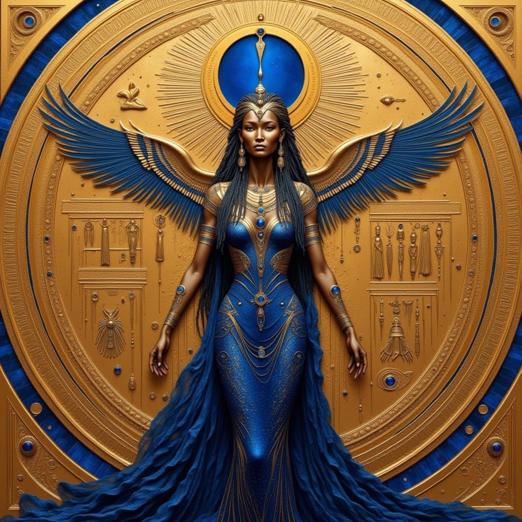 <lora:Metal Fusion:1.0> Goddess Isis in a blue dress wearing lapis lazuli jewelry set in liquid metal gold with a blue l...