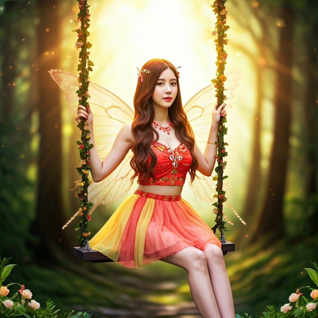 Korean Fairy Girl in Fairy Forest Swing
