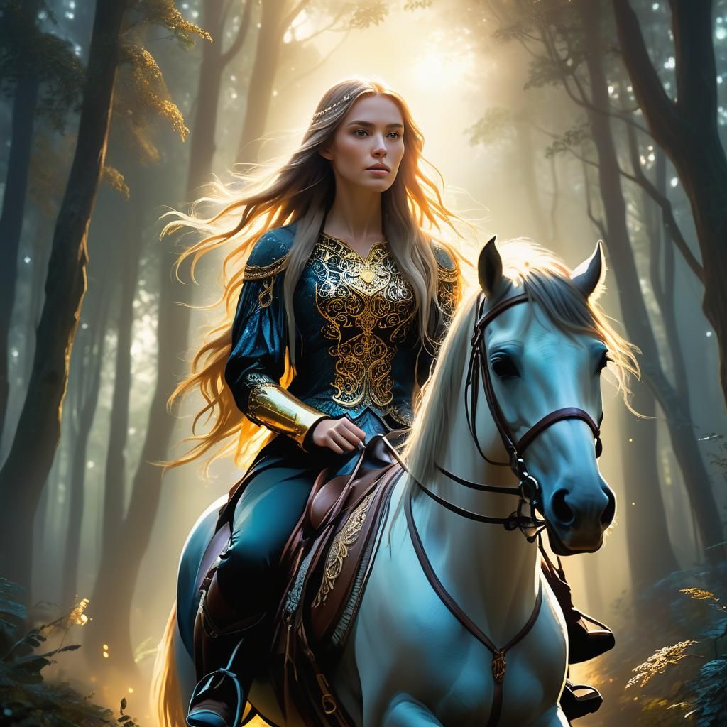 Girl on Horseback in Mystical Forest, Art Nouveau