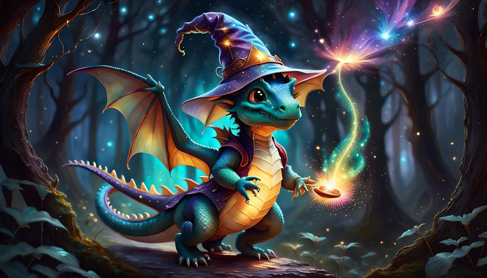 Cute Dragon Wizard Flying Through Galaxy
