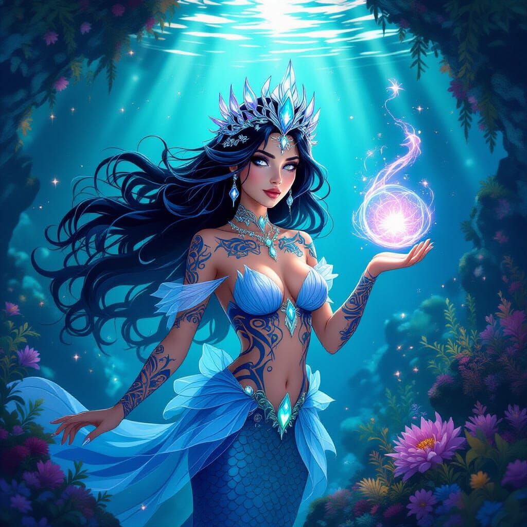 Mermaid Sorceress Casts Spell in Bioluminescent Grotto
