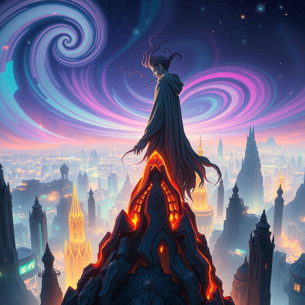 Mystical Neon Cityscape with Androgynous Being