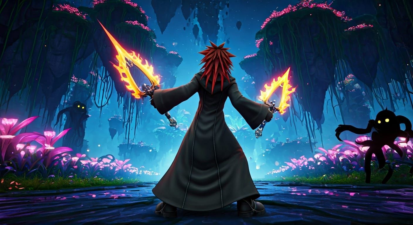 Kingdom Hearts Axel Battles Heartless in a Fantasy World