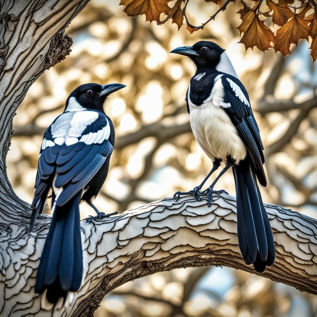 Lace Magpies in Sycamore Tree: Hyperrealistic Image