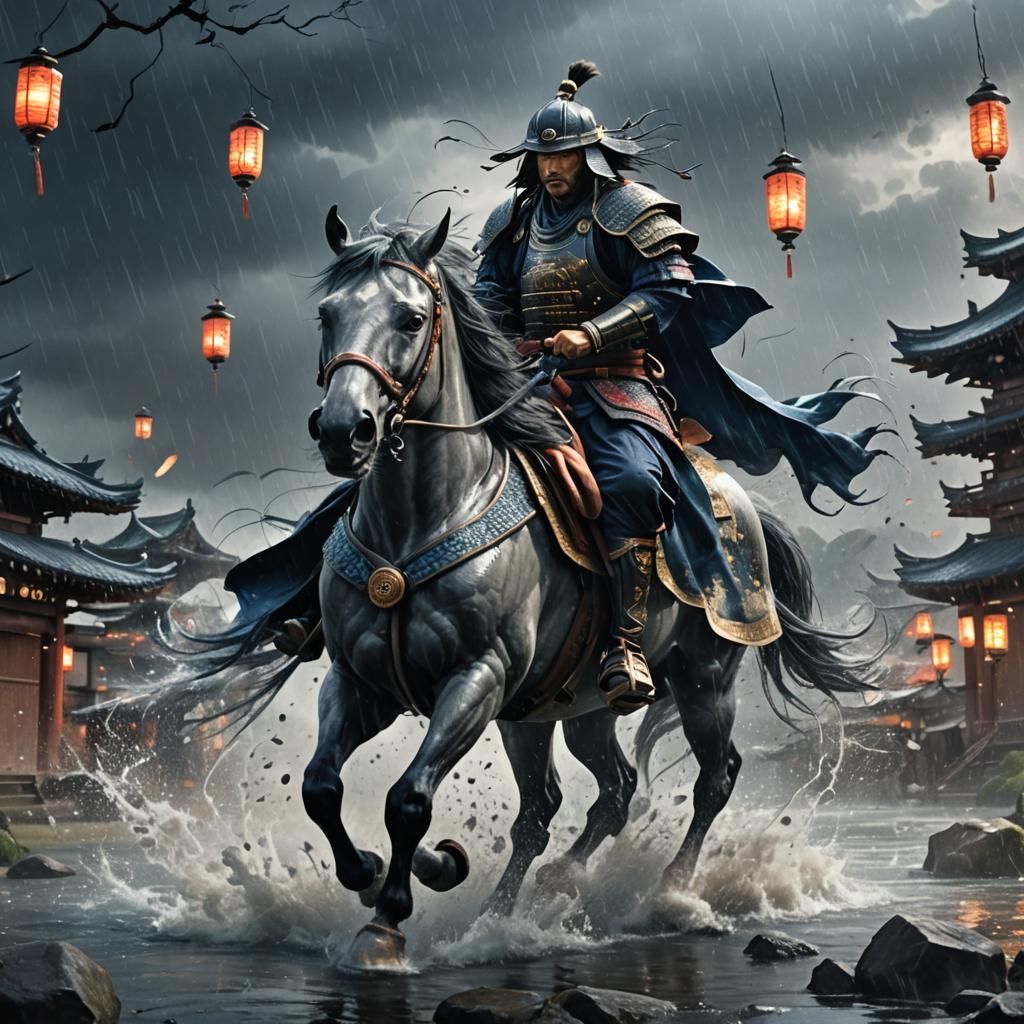 Samurai on Horseback in Storm, Japanese Concept Art