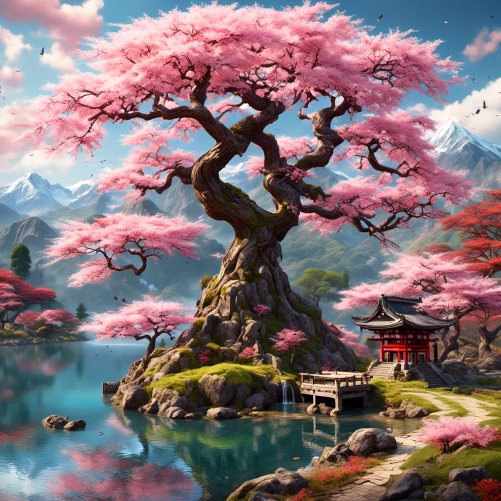 Sakura Tree by Lake with Japanese Temples