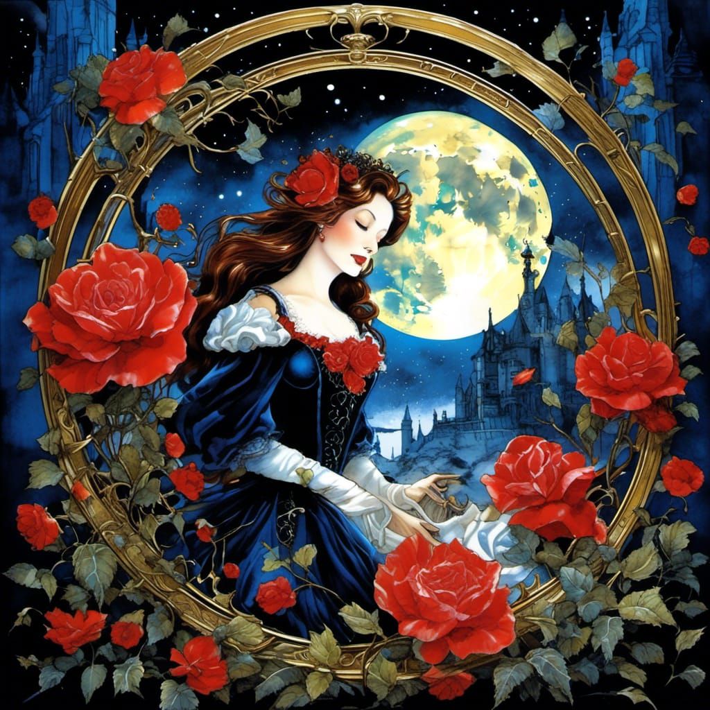 Vampire's Kiss Awakens Sleeping Beauty in Gothic Watercolor