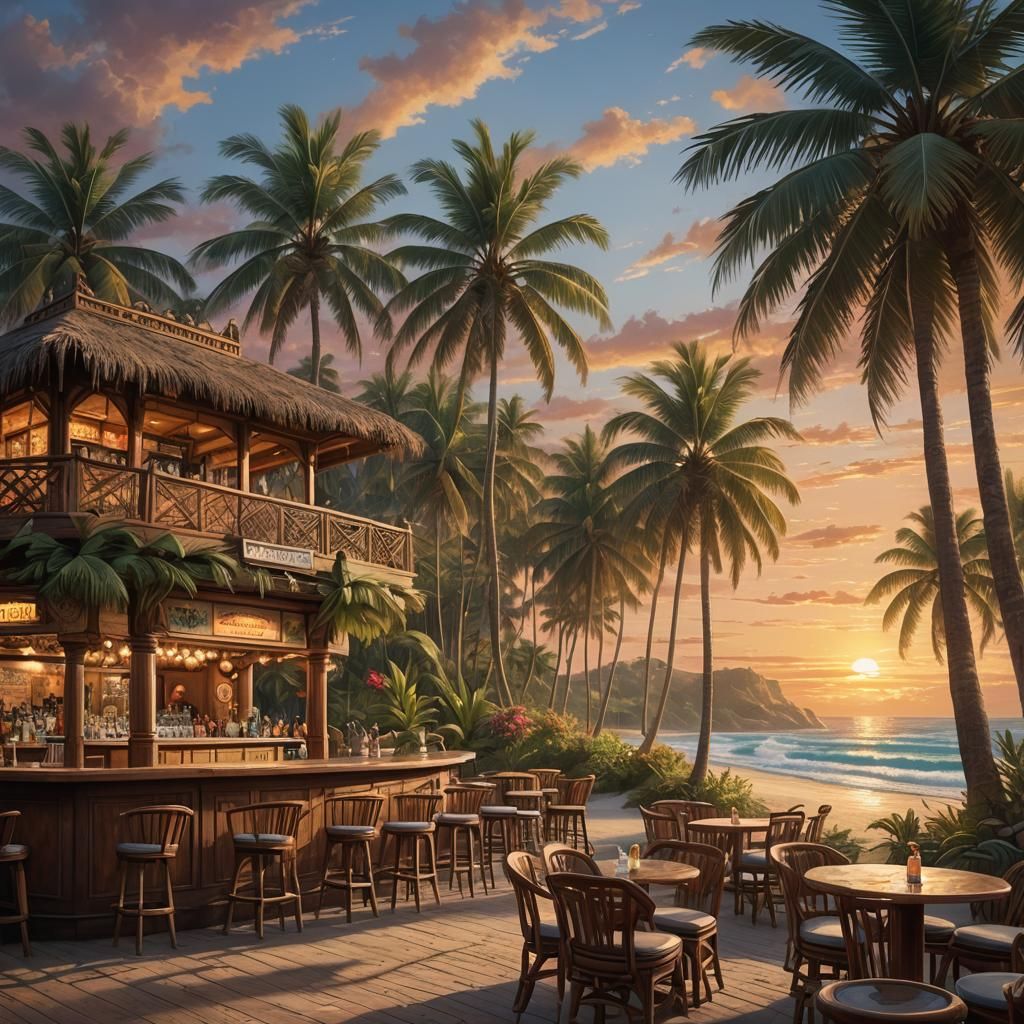 Tropical Sunset Beach Bar in a Matte Painting Style
