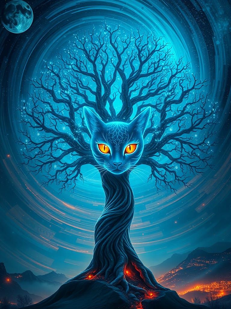 Cosmic Tree with Cat Face in Surreal Landscape