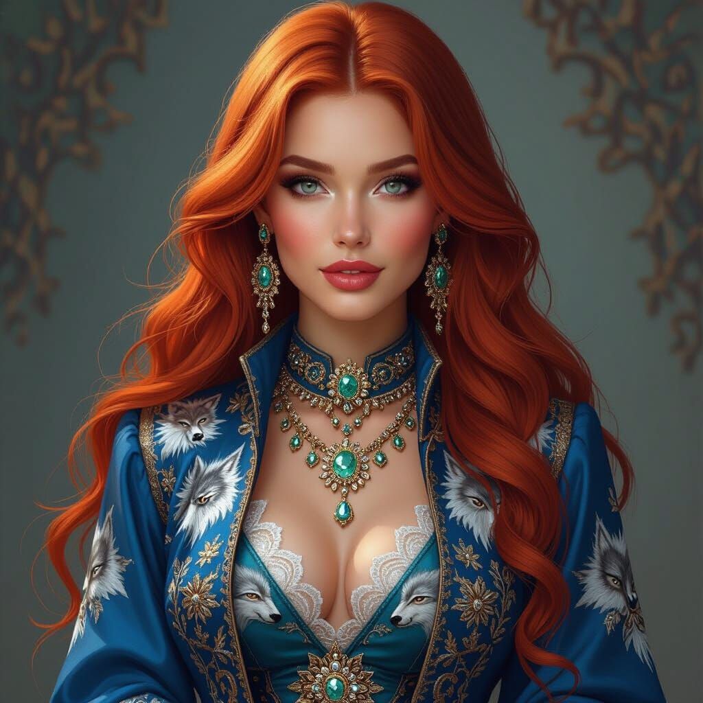 Fiery Redhead Portrait with Wolf Vest in Hyperrealism Style