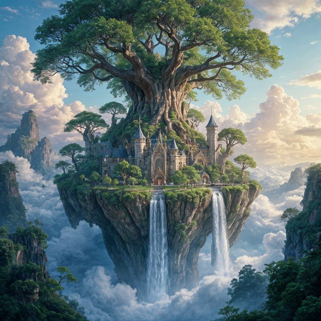 Majestic Tree Castle on Floating Islands in Sky