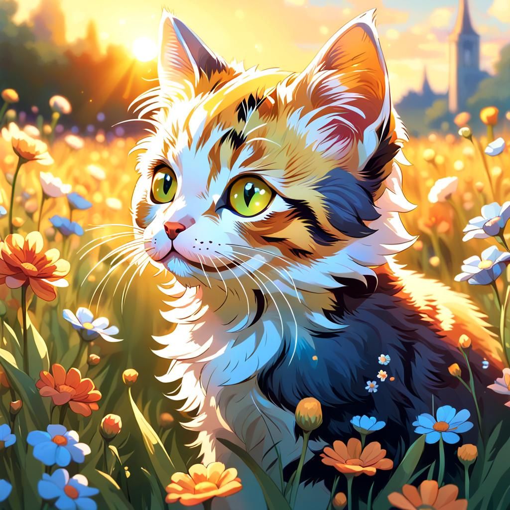 Kitten in Flower Field: Hyperdetailed Digital Painting