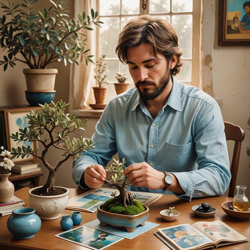 Man Tending Bonsai with Beatles Albums, Magical Realism