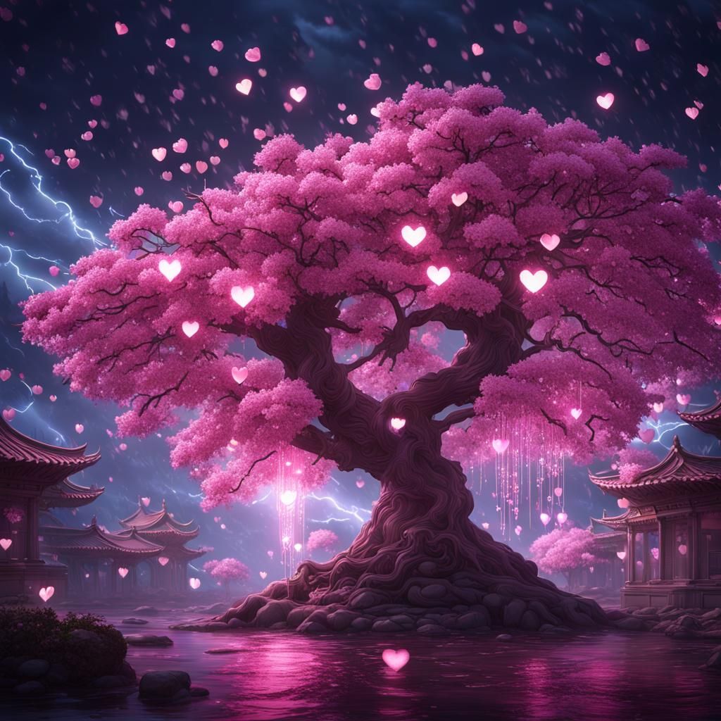 Cherry Blossom Tree with Pink Lightning, Digital Art