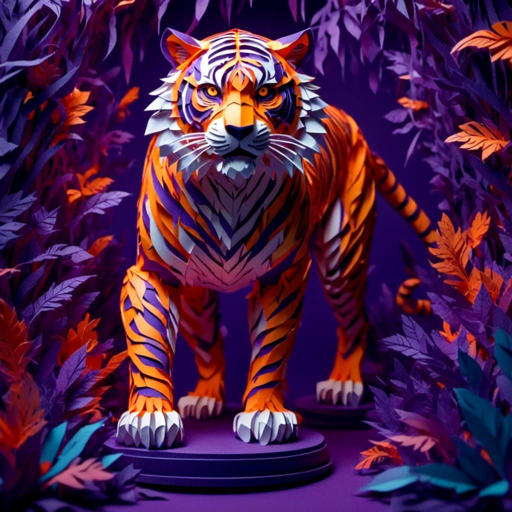 3D Papercraft Tiger in Jungle Kirigami Style