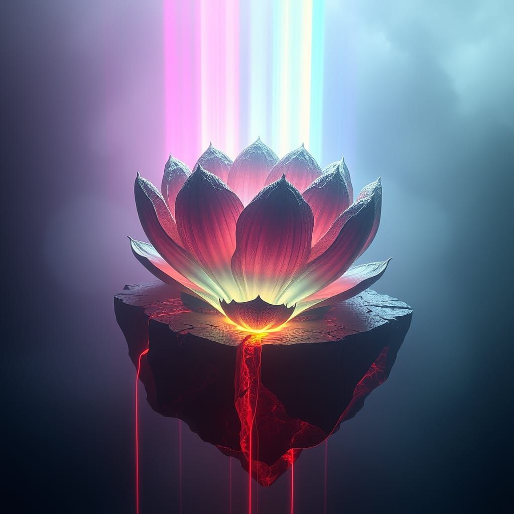 A biomechanical lotus blooming from the cracked surface of a floating obsidian island, with streams of glowing rainbows ...