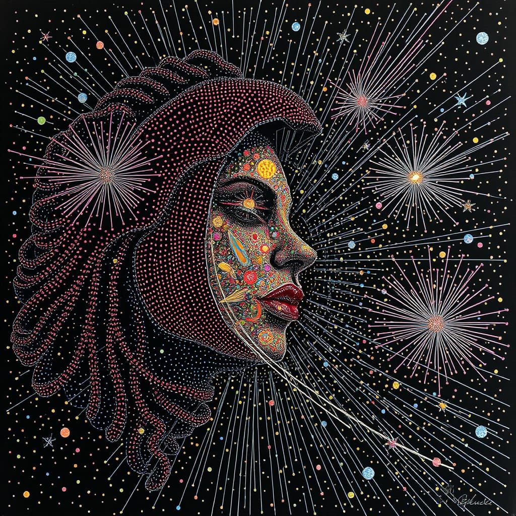 Vibrant Kinetic Pointillism Art Piece Capturing Intense Pass...