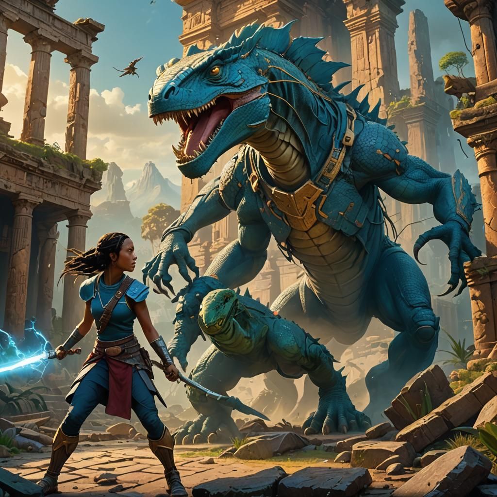 Mystical Battle in Ancient Ruins: Fantasy Concept Art