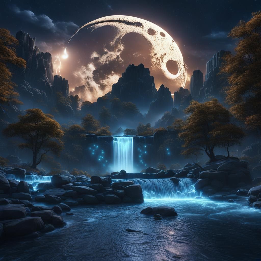 Night Waterfall with Crescent Moon in Fantasy Art Style