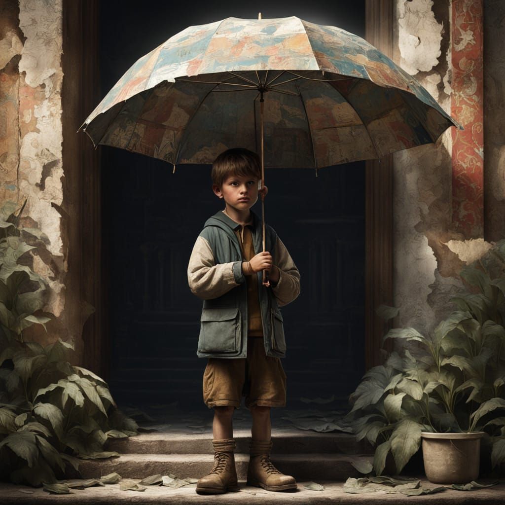 Young Boy Under Papier-Mâché Umbrella in Romantic Collage