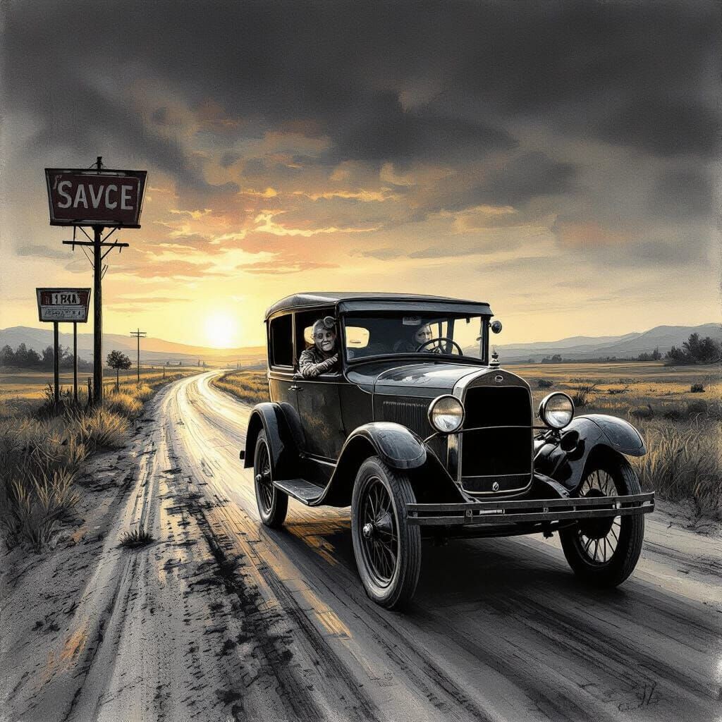Vintage Car on Dusty Highway at Sunset