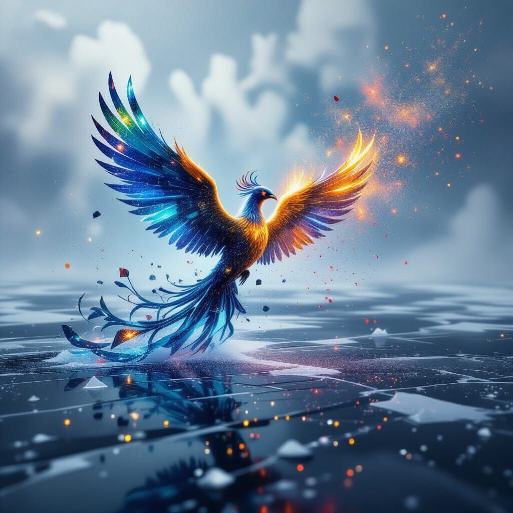 A constellation phoenix made of liquid starlight and obsidia...