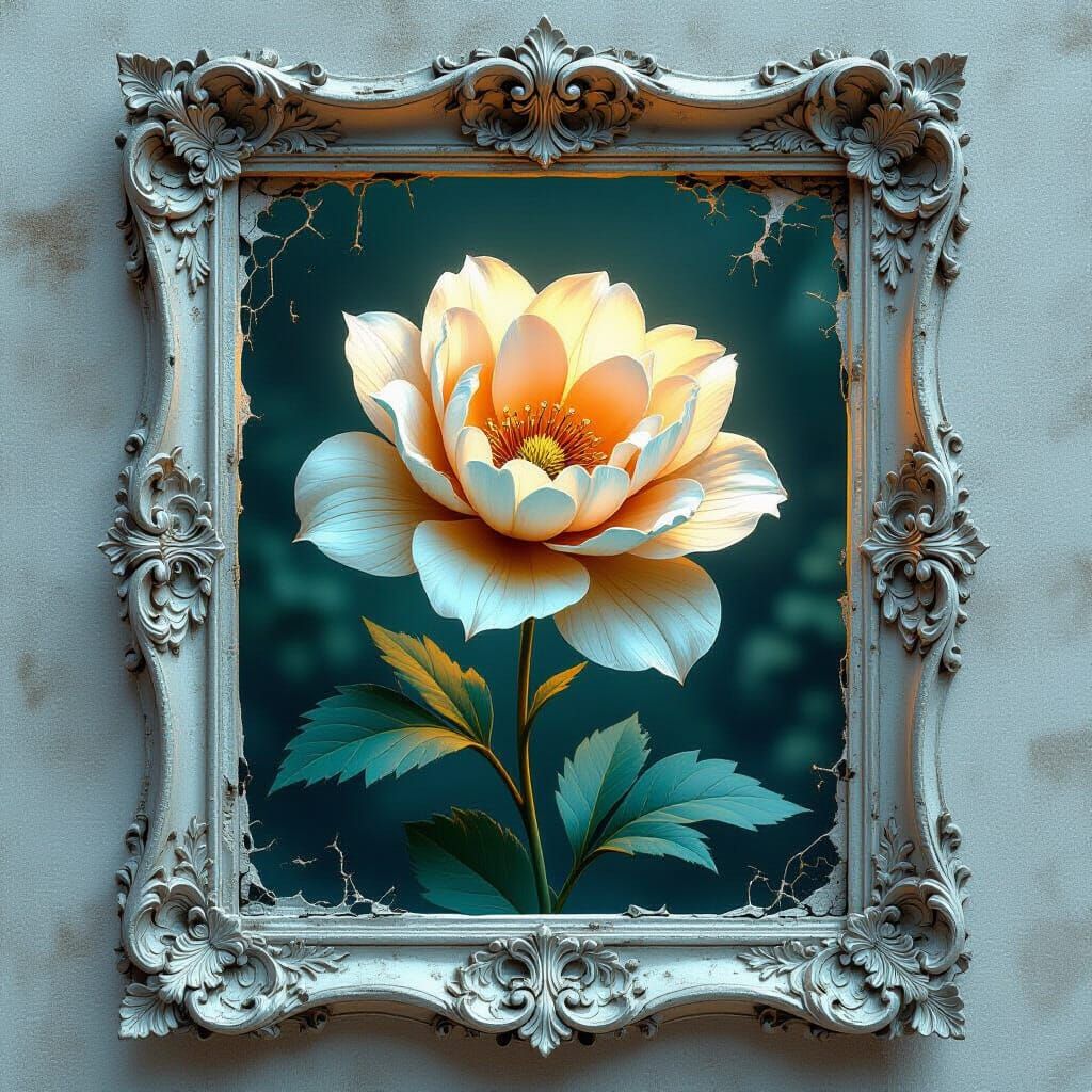 Wilting Flower in Ornate Window, Lunar Glow