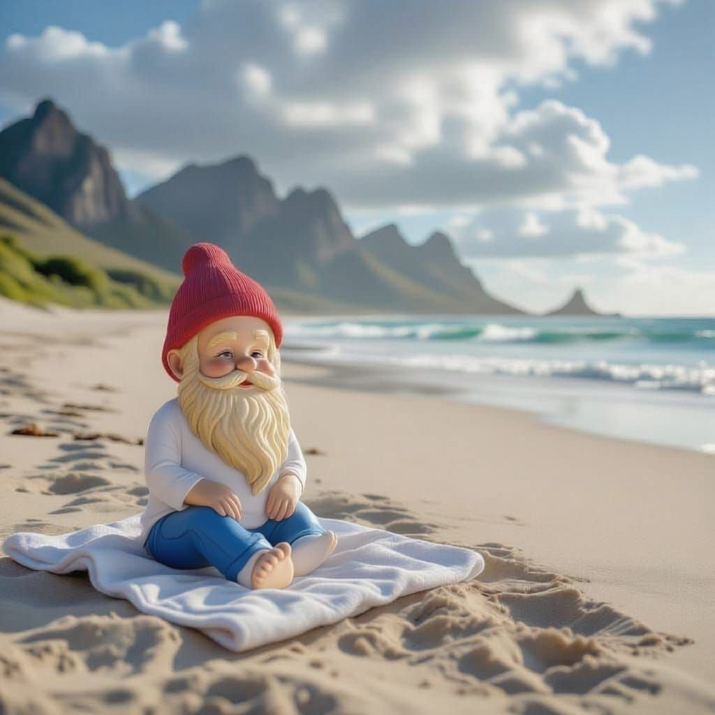 Garden Gnome Beach Relaxation in Ansel Adams Style