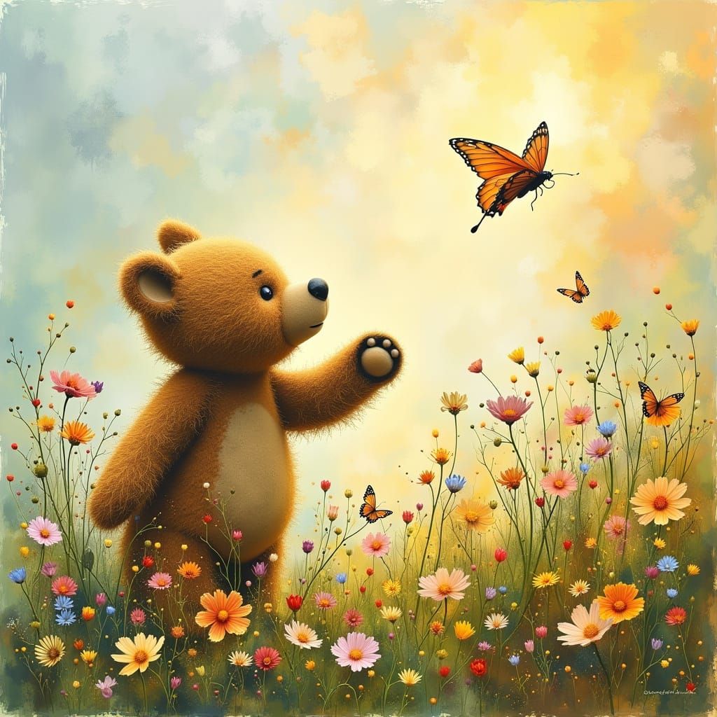 Teddy Bear in a Whimsical Sunlit Meadow
