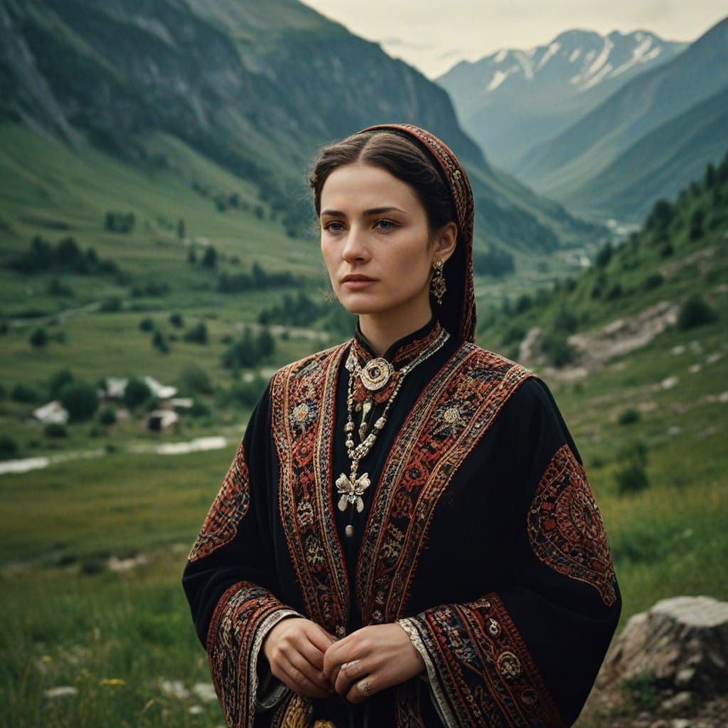Chechen Woman in Traditional Attire, Mountain Landscape