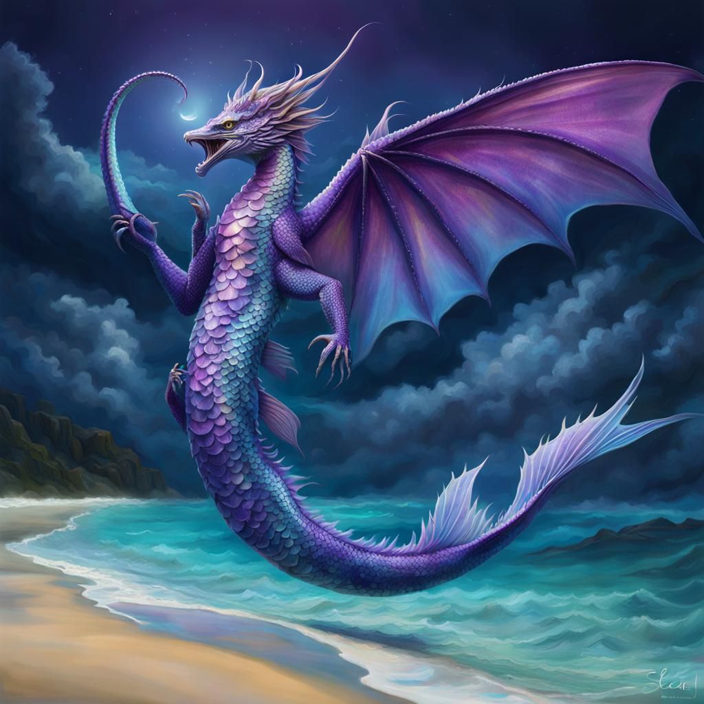 Mythological Dragon-Fish Hybrid on a Rocky Beach
