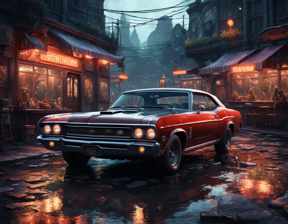 Red Classic Muscle Car Outside Diner