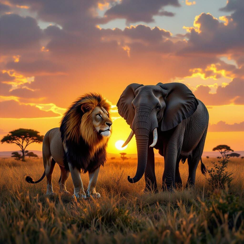 Lion and Elephant Sunset in African Savanna, Digital Art