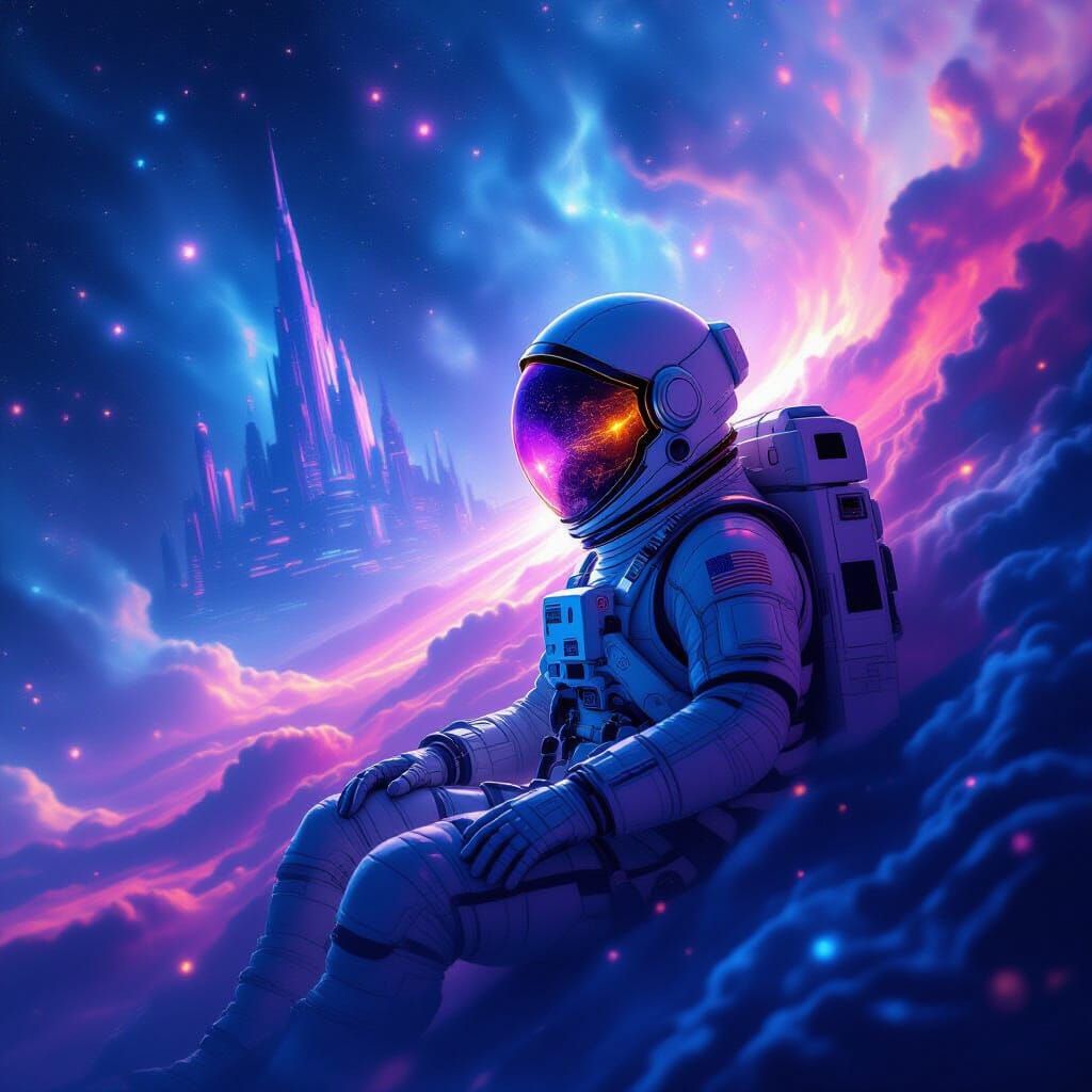Astronaut Adrift in Cosmic Nebula Reflecting Alien City