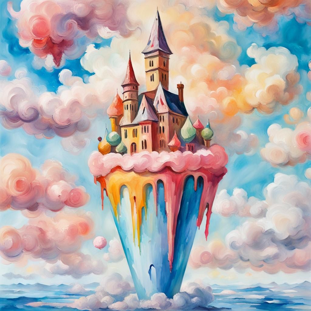 Ice Cream Castle Floating in Sky as Gouache Painting