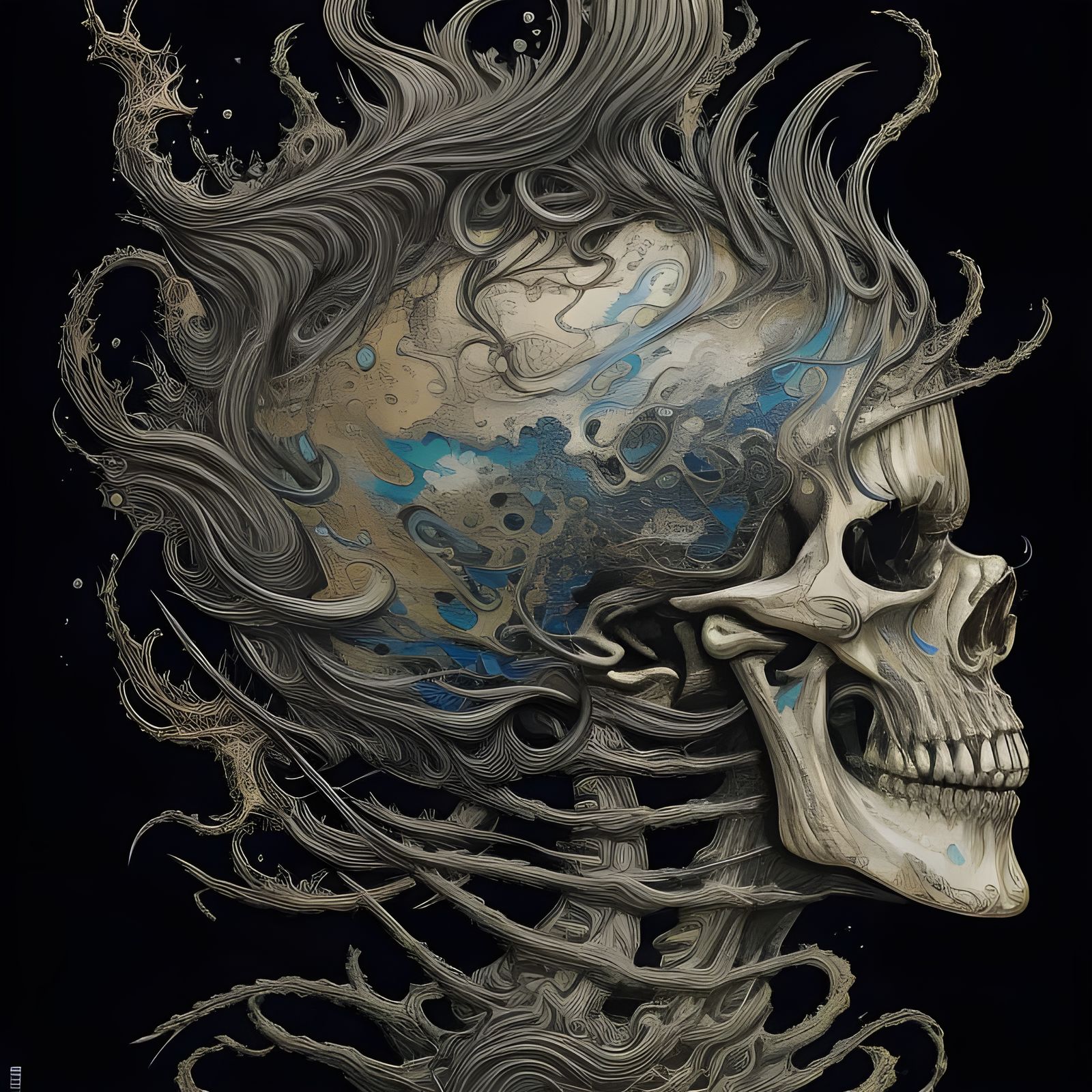 Flaming Cyberpunk Skull in Monochromatic Colors