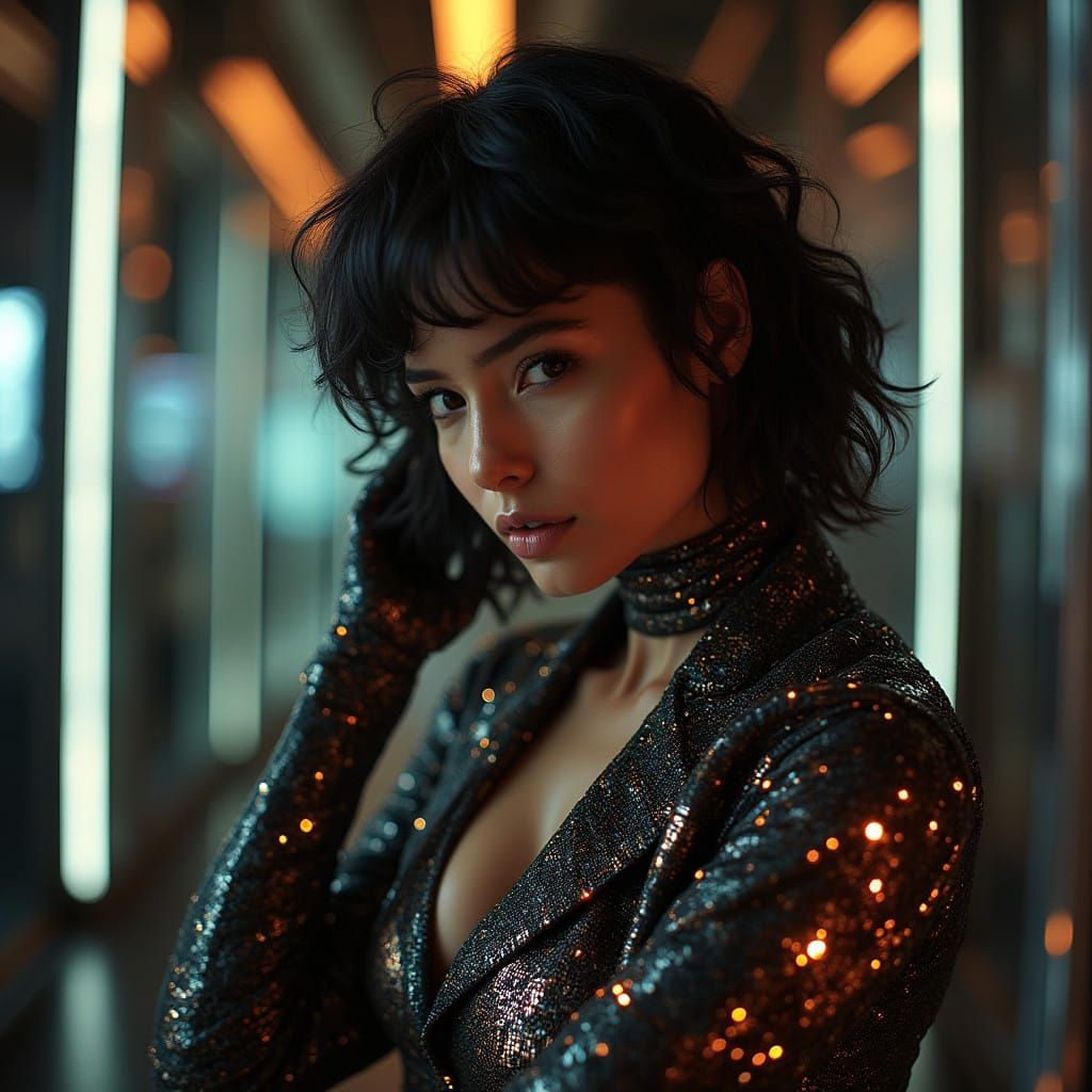 Striking Brunette in Cyberpunk Luxury