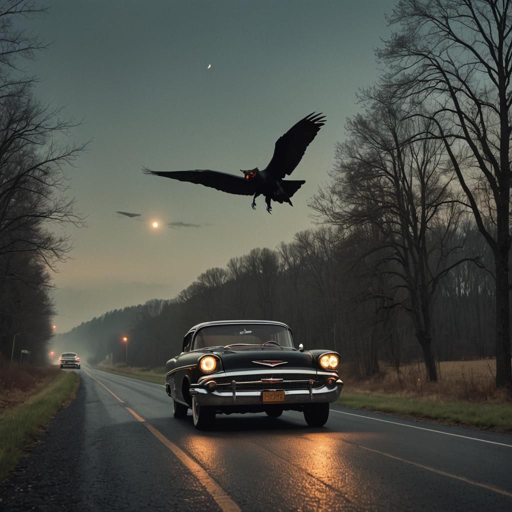 Mothman Chases 1957 Chevy Bel Air: Cinematic Still