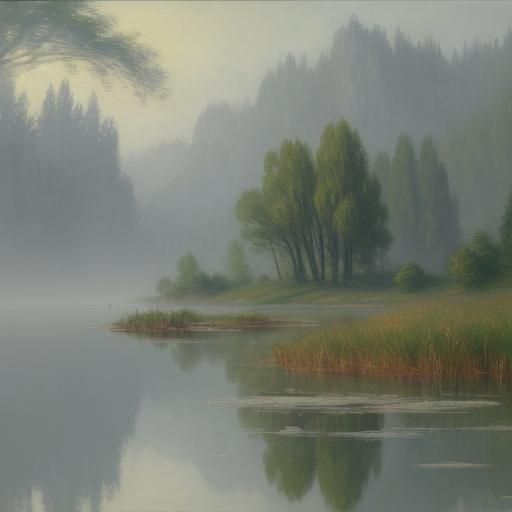 Watercolor Lake Reflection Under Hazy Sky