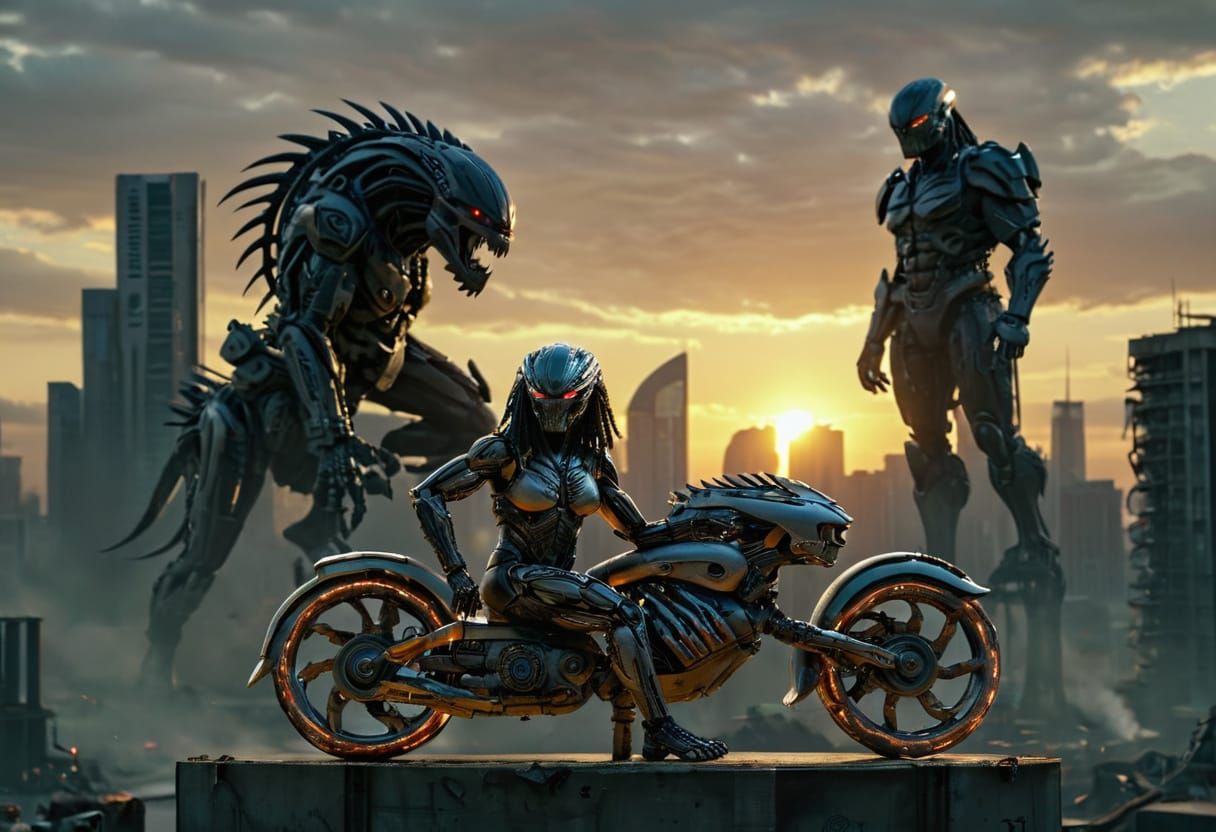 Cyberpunk Predator on Post-Apocalyptic Motorcycle in Sunset ...