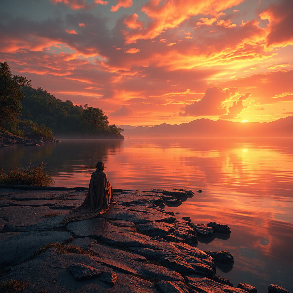 Contemplative Figure at Sunset Lake: Dreamlike Matte Paintin...