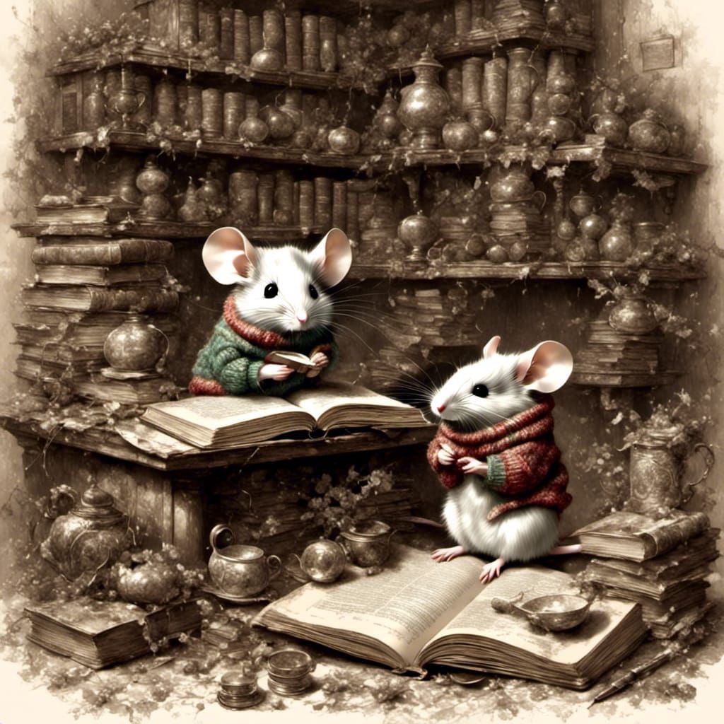 Mouse in Bookstore: Warm Christmas Illustration