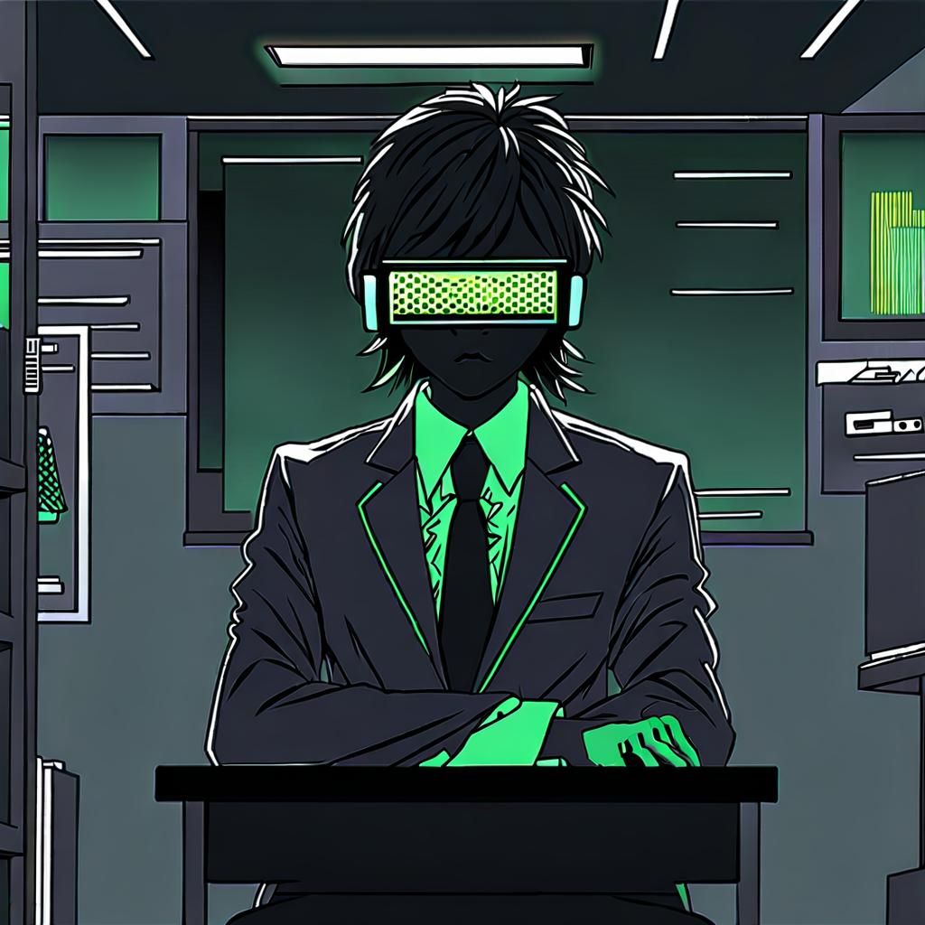 AI with Screen Face in Retro-Futuristic Office