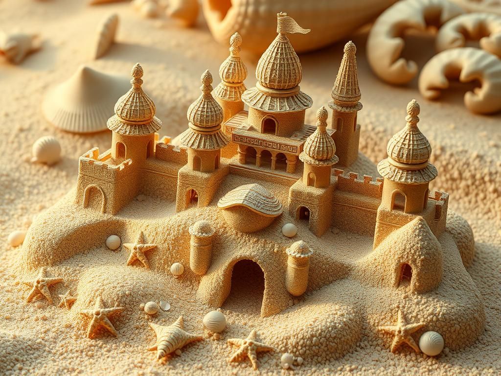 Underwater Sand Castle with Golden Sand and Seashells