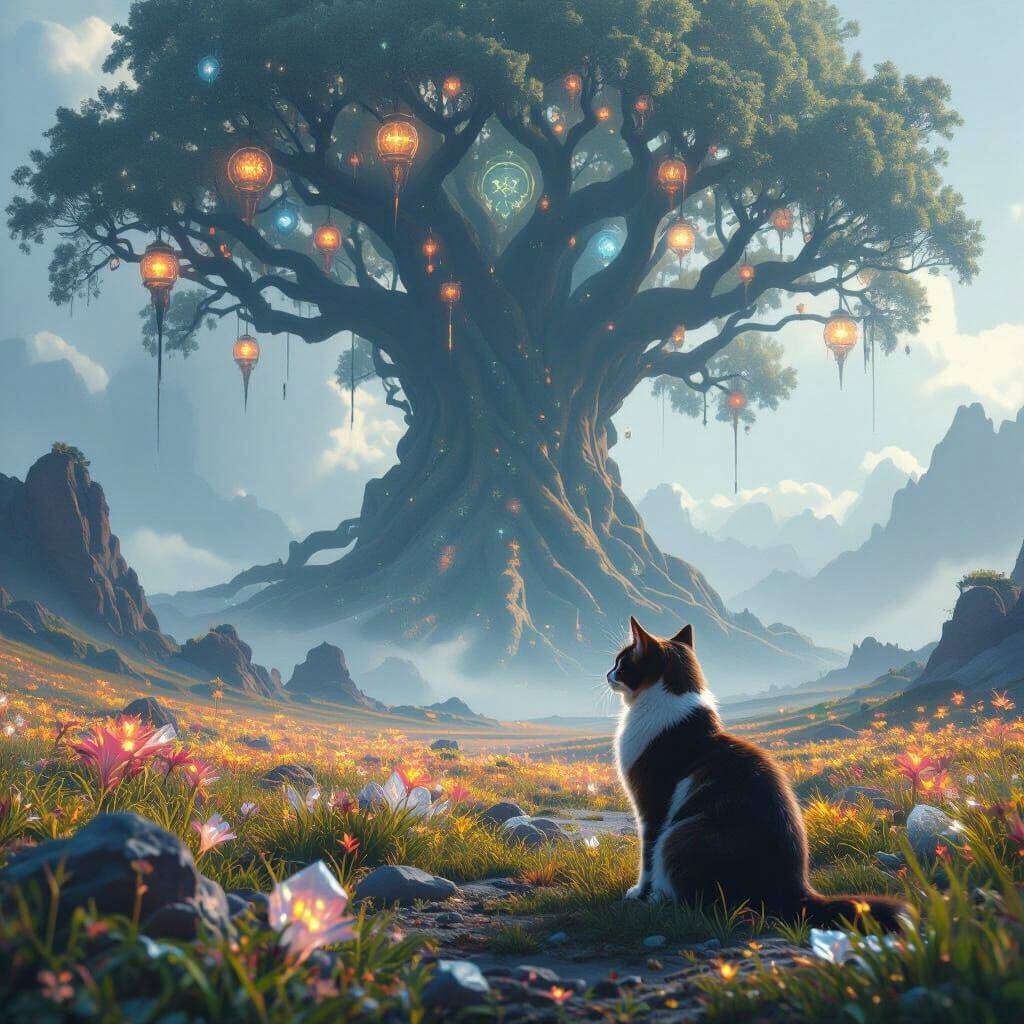 Cat in Alien Field with Glowing Tree, Matte Painting