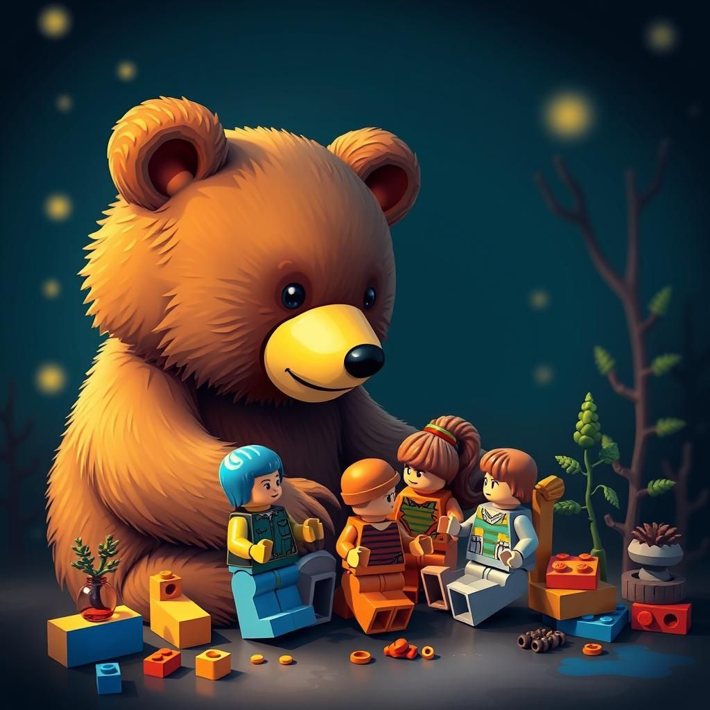 Cute Bear Plays with Legos in Abstract Vector Style