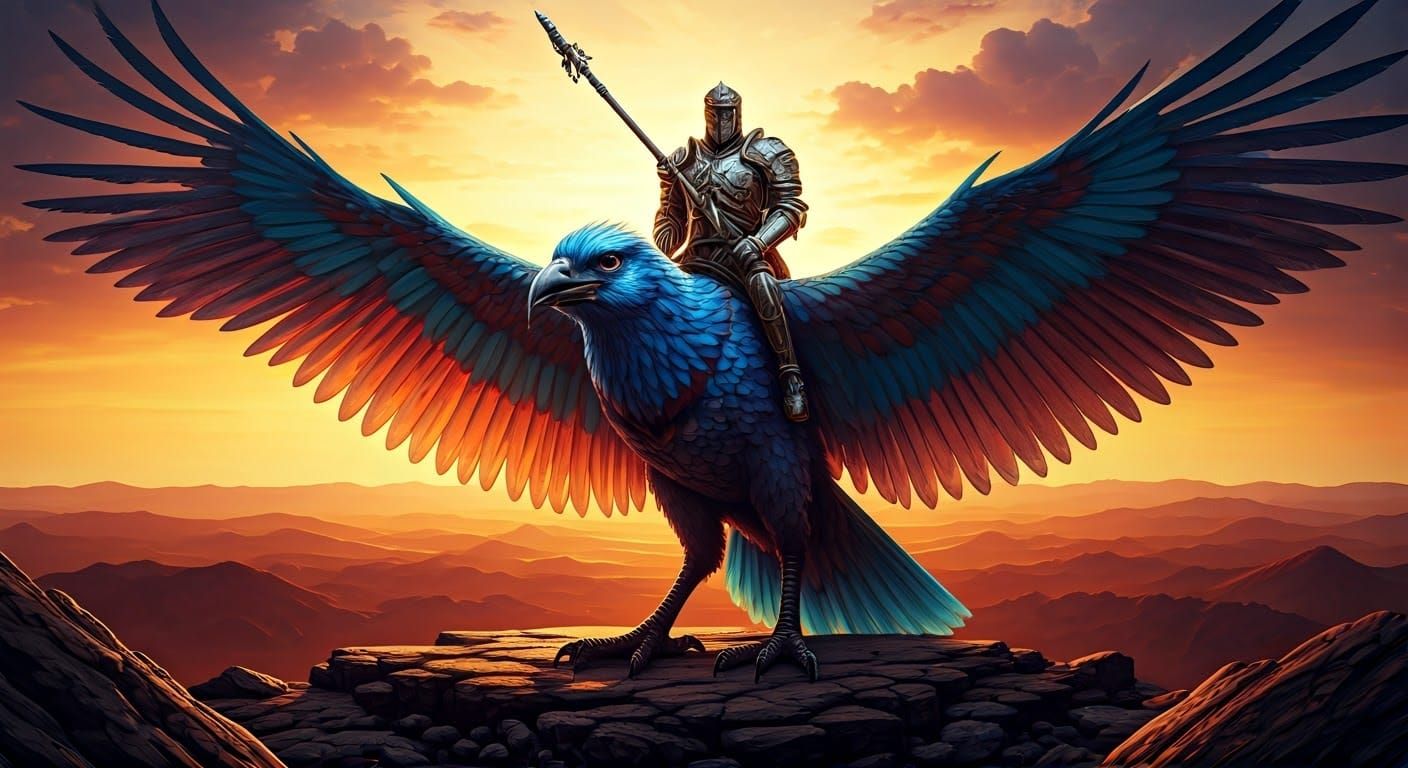 Armored Knight on Giant Bird, Filmic Concept Art
