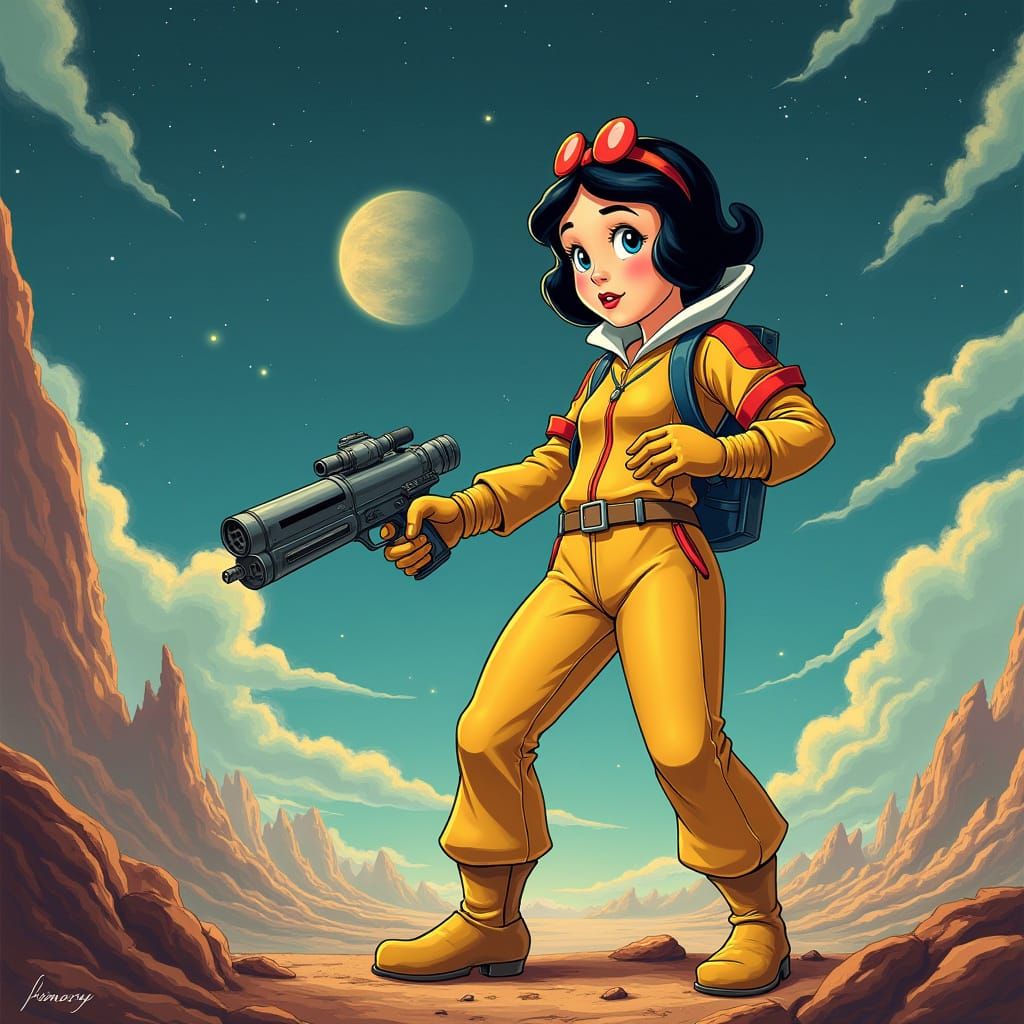 Snow White, Space Explorer: Retro Cel-Shaded Cartoon